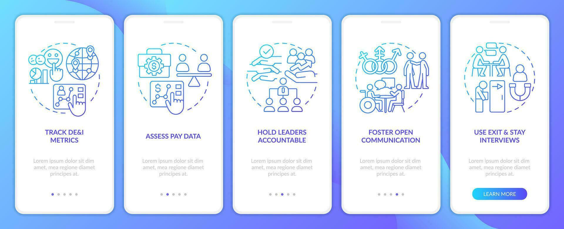 Making DEI efforts efficiency blue gradient onboarding mobile app screen. Walkthrough 5 steps graphic instructions with linear concepts. UI, UX, GUI template vector