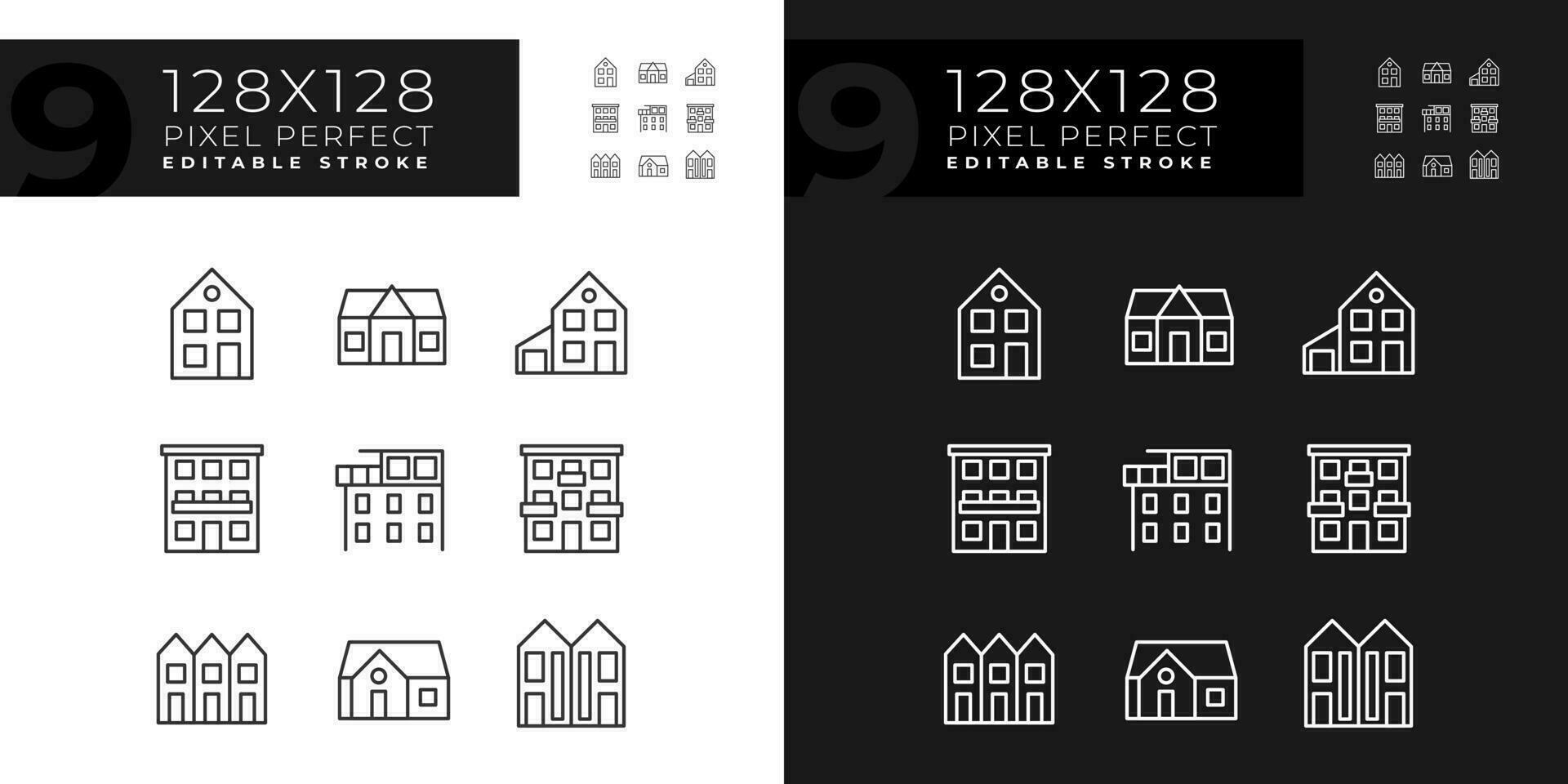 Property purchase pixel perfect linear icons set for dark, light mode. Real estate agency. Apartments. Luxury property. Thin line symbols for night, day theme. Isolated illustrations. Editable stroke vector