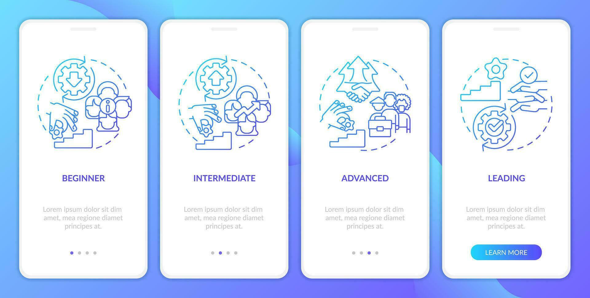 DEI program maturity stages blue gradient onboarding mobile app screen. Walkthrough 4 steps graphic instructions with linear concepts. UI, UX, GUI template vector