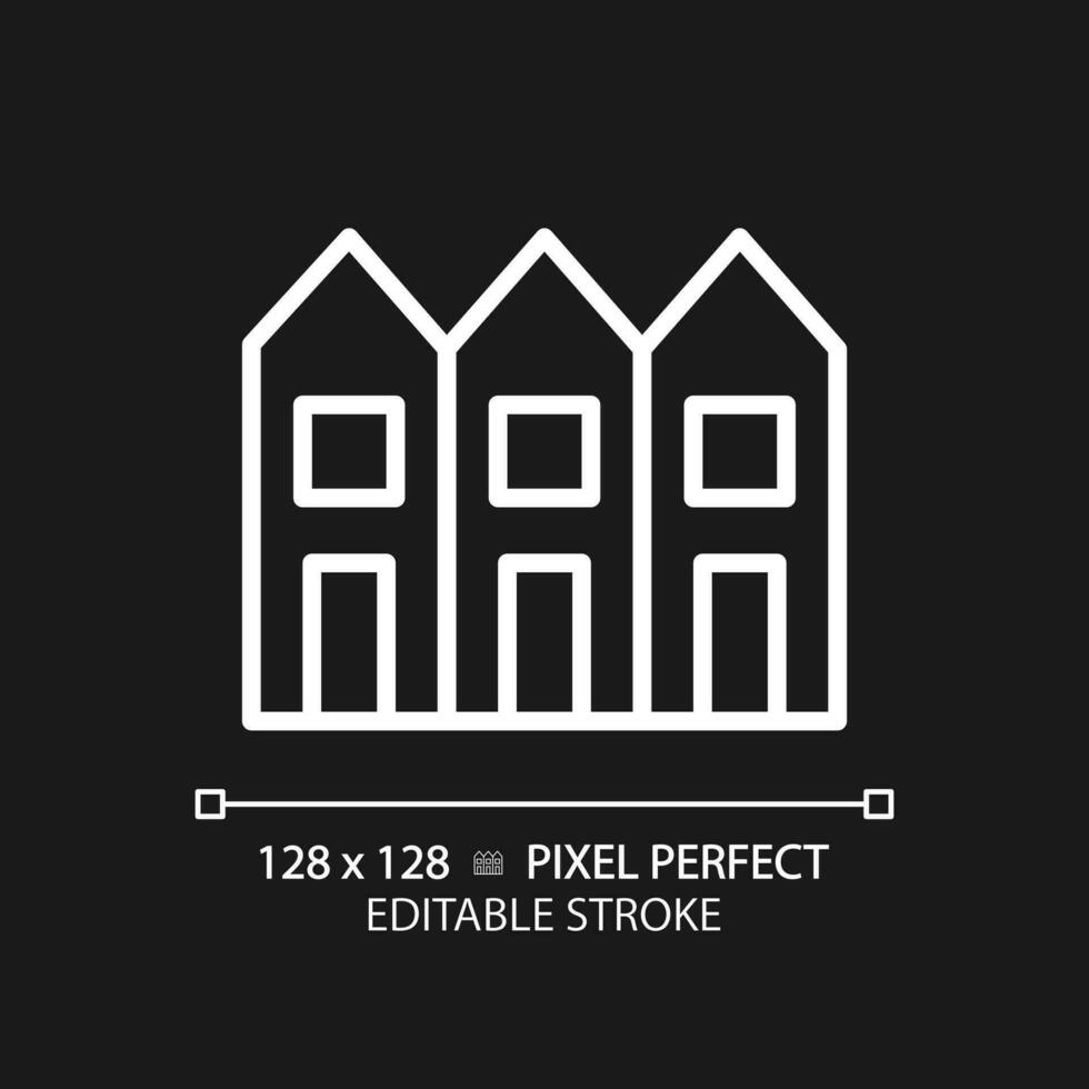 Townhouse pixel perfect white linear icon for dark theme. Multiple floor houses in row. Luxury property. City rowhouse. Thin line illustration. Isolated symbol for night mode. Editable stroke vector