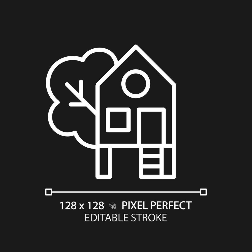 Treehouse pixel perfect white linear icon for dark theme. Building constructed on tree. Forest house for recreation. Thin line illustration. Isolated symbol for night mode. Editable stroke vector