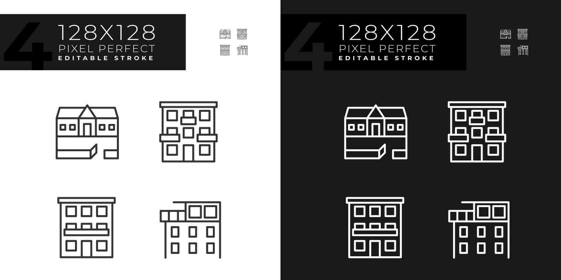 Apartment types pixel perfect linear icons set for dark, light mode. Ranch house. Condominium. Luxury penthouse. Thin line symbols for night, day theme. Isolated illustrations. Editable stroke vector