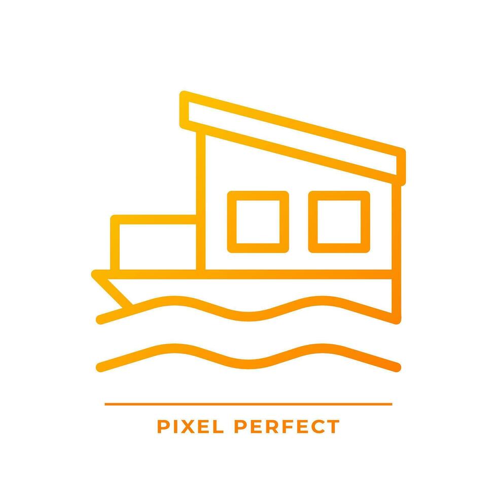 Houseboat pixel perfect gradient linear vector icon. Float house. Moored building in lake, river. Real estate. Thin line color symbol. Modern style pictogram. Vector isolated outline drawing