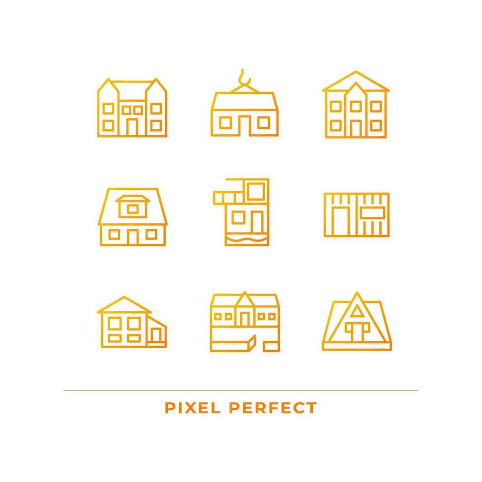 Suburban real estate pixel perfect gradient linear vector icons set. Holiday property rent. Bungalow. Countryside. Thin line contour symbol designs bundle. Isolated outline illustrations collection