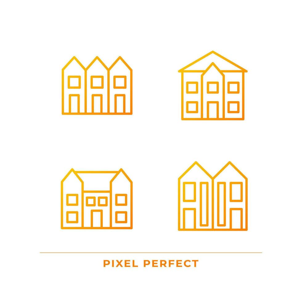 Luxury houses pixel perfect gradient linear vector icons set. Townhouse and mansion. Single family detached home. Thin line contour symbol designs bundle. Isolated outline illustrations collection