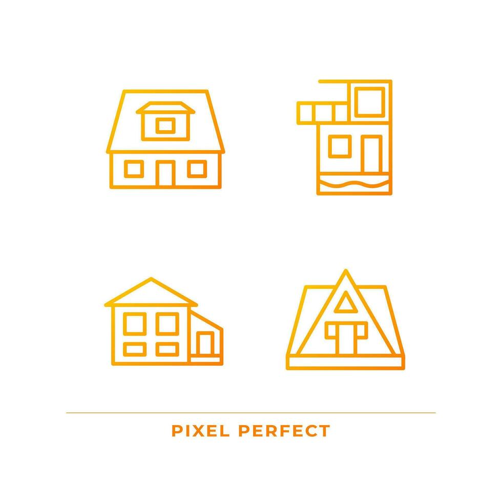 Vacation property pixel perfect gradient linear vector icons set. Bungalow rent. Summer holiday villa. Real estate. Thin line contour symbol designs bundle. Isolated outline illustrations collection