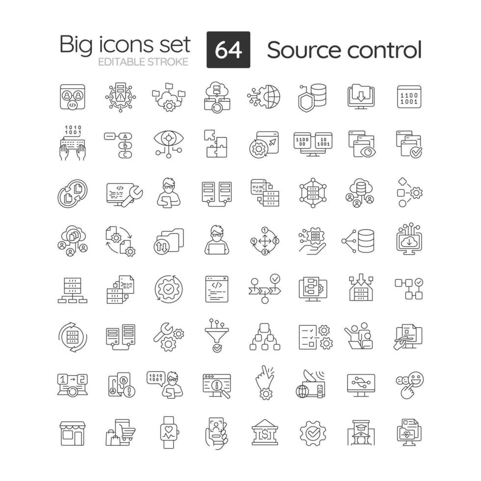 Source control linear icons set. Software development technology. Files changing tracking. SCM system. Customizable thin line symbols. Isolated vector outline illustrations. Editable stroke
