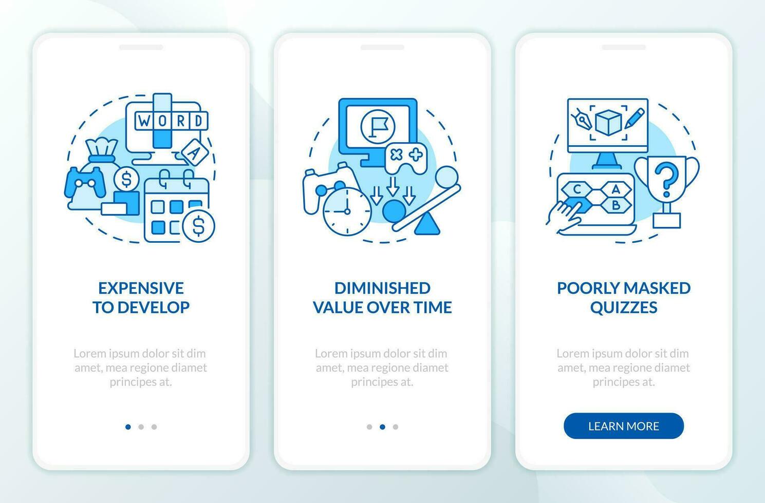 Gamification cons in e learning blue onboarding mobile app screen. Walkthrough 3 steps editable graphic instructions with linear concepts. UI, UX, GUI templated vector