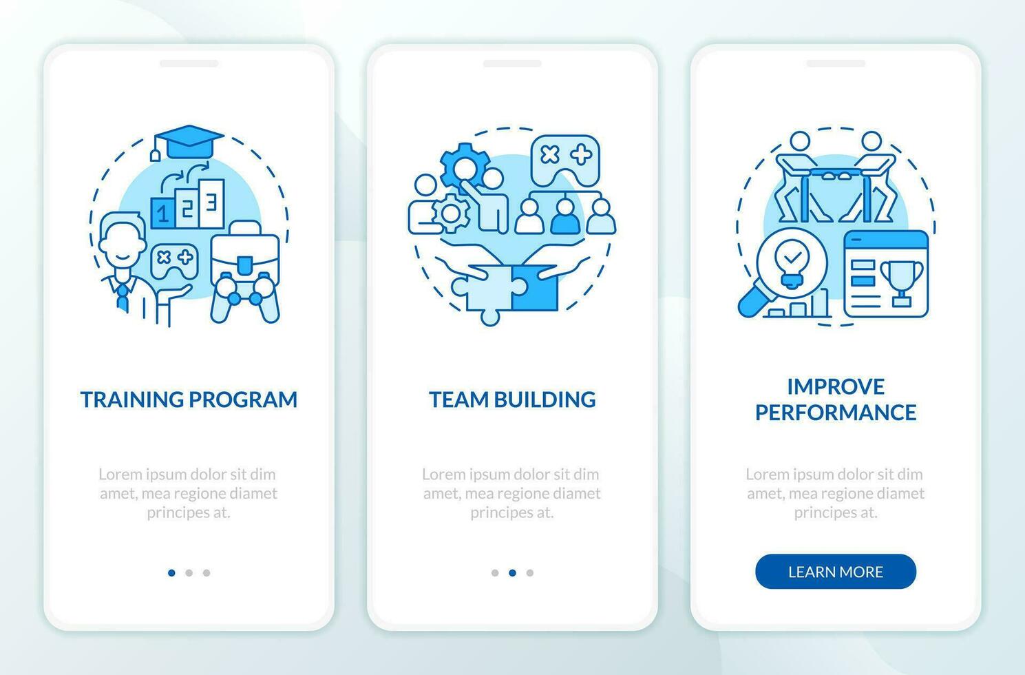 Gamification in workplace blue onboarding mobile app screen. Corporate walkthrough 3 steps editable graphic instructions with linear concepts. UI, UX, GUI templated vector