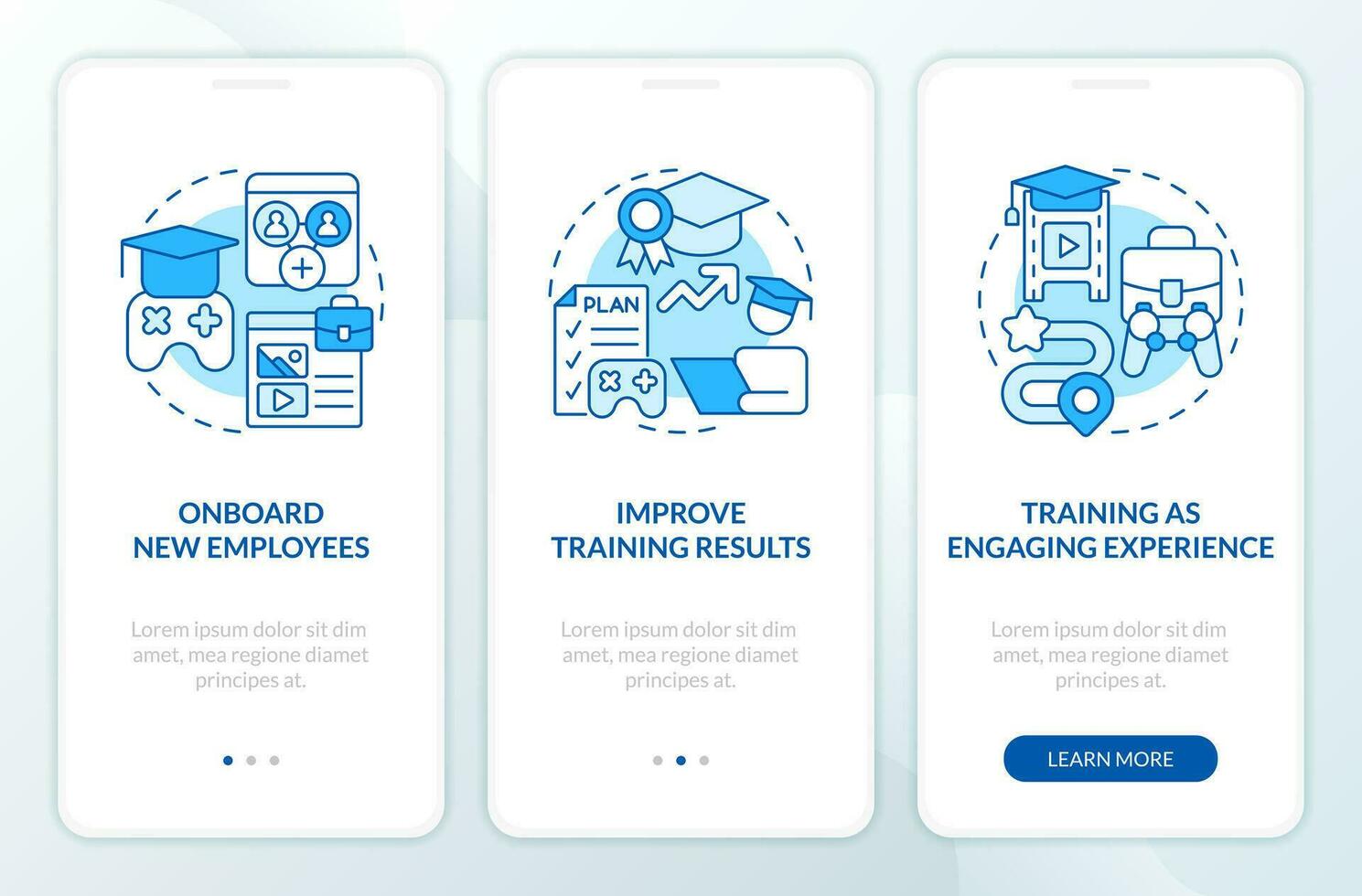 Gamification in corporate training blue onboarding mobile app screen. Walkthrough 3 steps editable graphic instructions with linear concepts. UI, UX, GUI templated vector