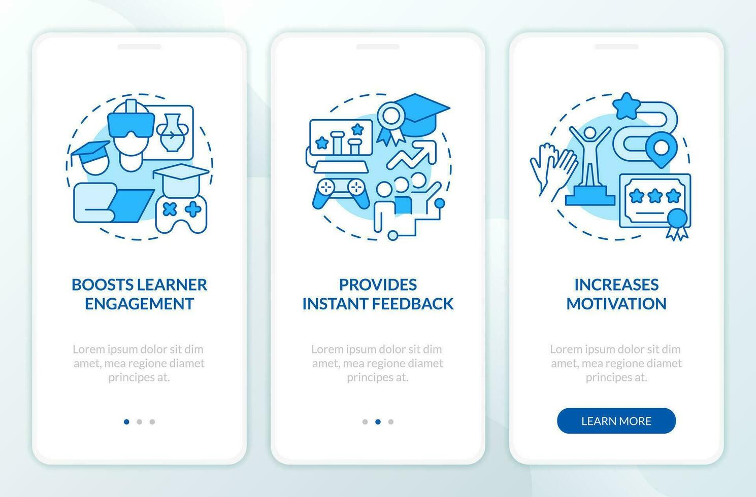 Gamification benefits in e learning blue onboarding mobile app screen. Walkthrough 3 steps editable graphic instructions with linear concepts. UI, UX, GUI templated vector