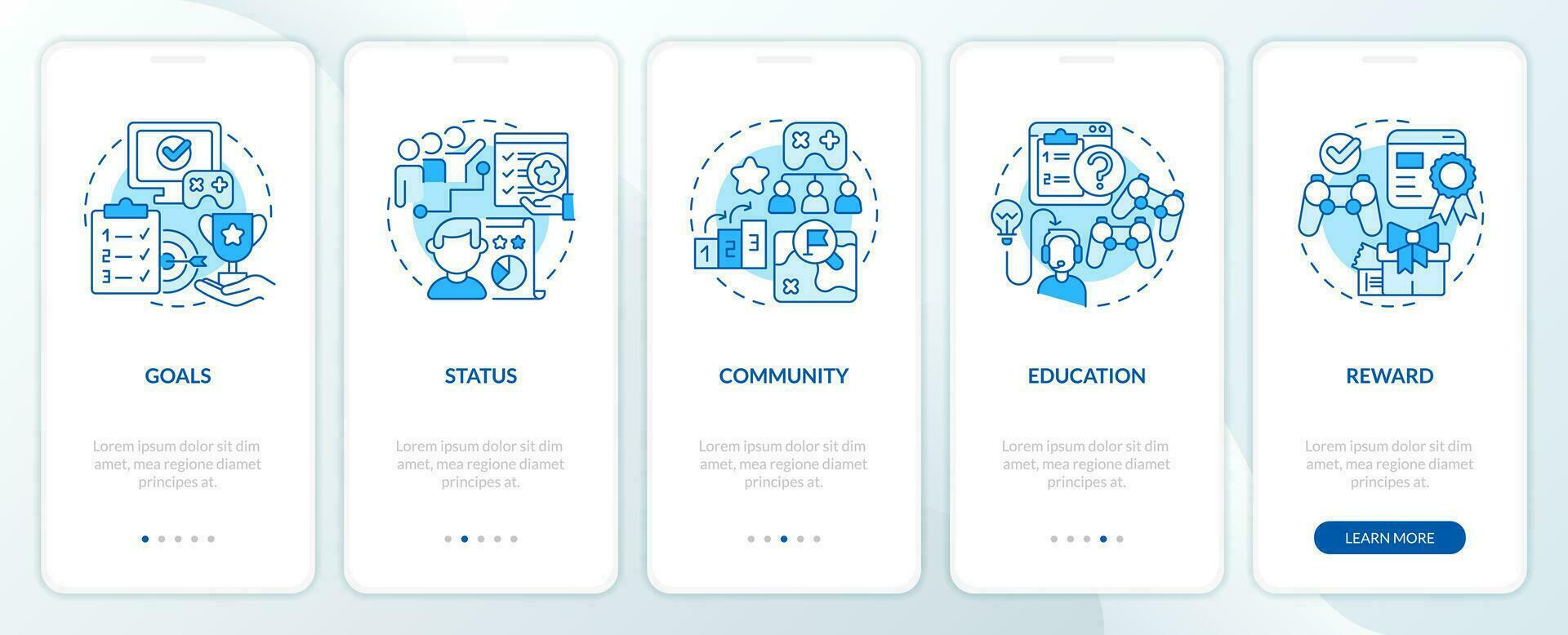 Game mechanics in gamification blue onboarding mobile app screen. Walkthrough 5 steps editable graphic instructions with linear concepts. UI, UX, GUI templated vector