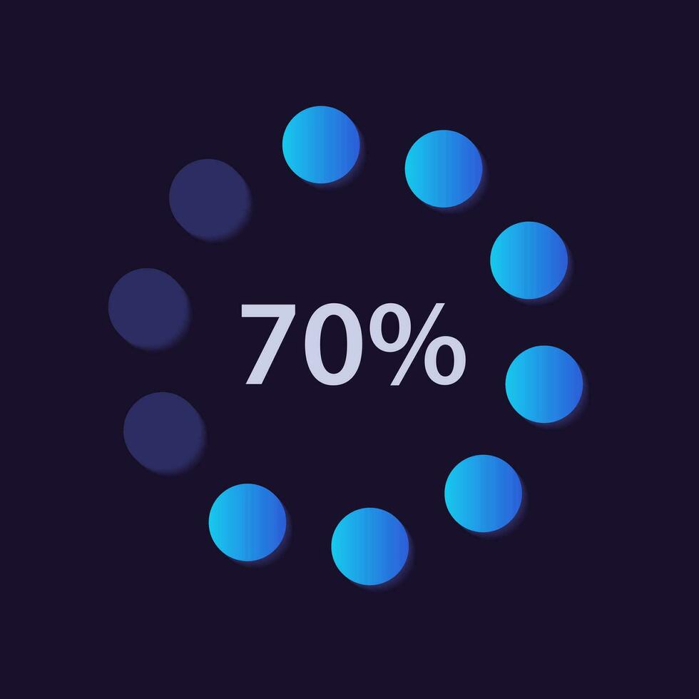 Circular dot gradient infographic chart design template for dark theme. Seventy percentage. Radial infochart with progress amount. Visual data presentationd vector