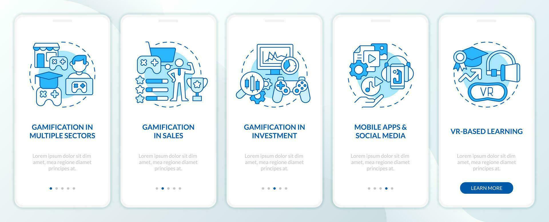 Gamification trends blue onboarding mobile app screen. Games walkthrough 5 steps editable graphic instructions with linear concepts. UI, UX, GUI templated vector