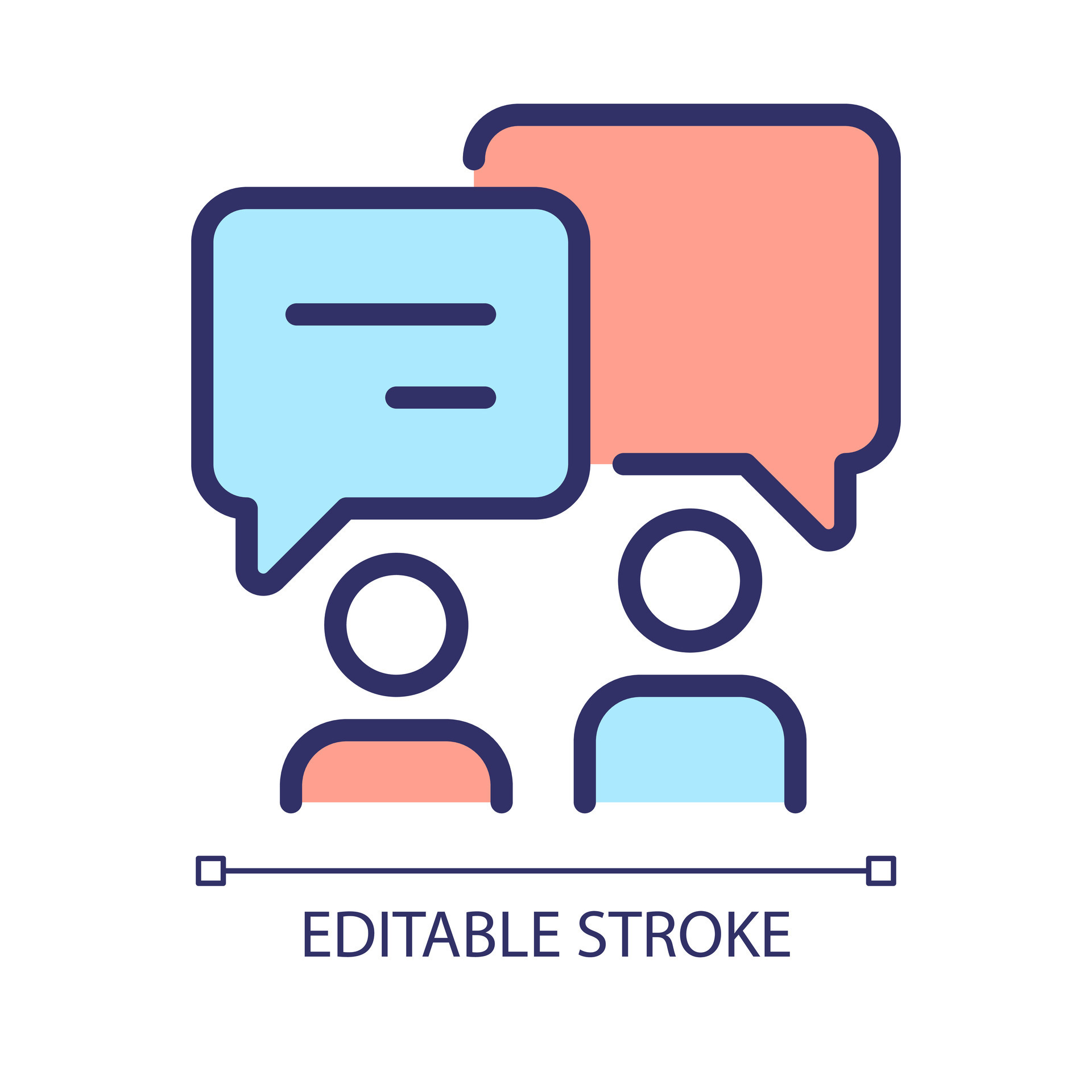 Discussion in pairs pixel perfect RGB color icon. Talking people with