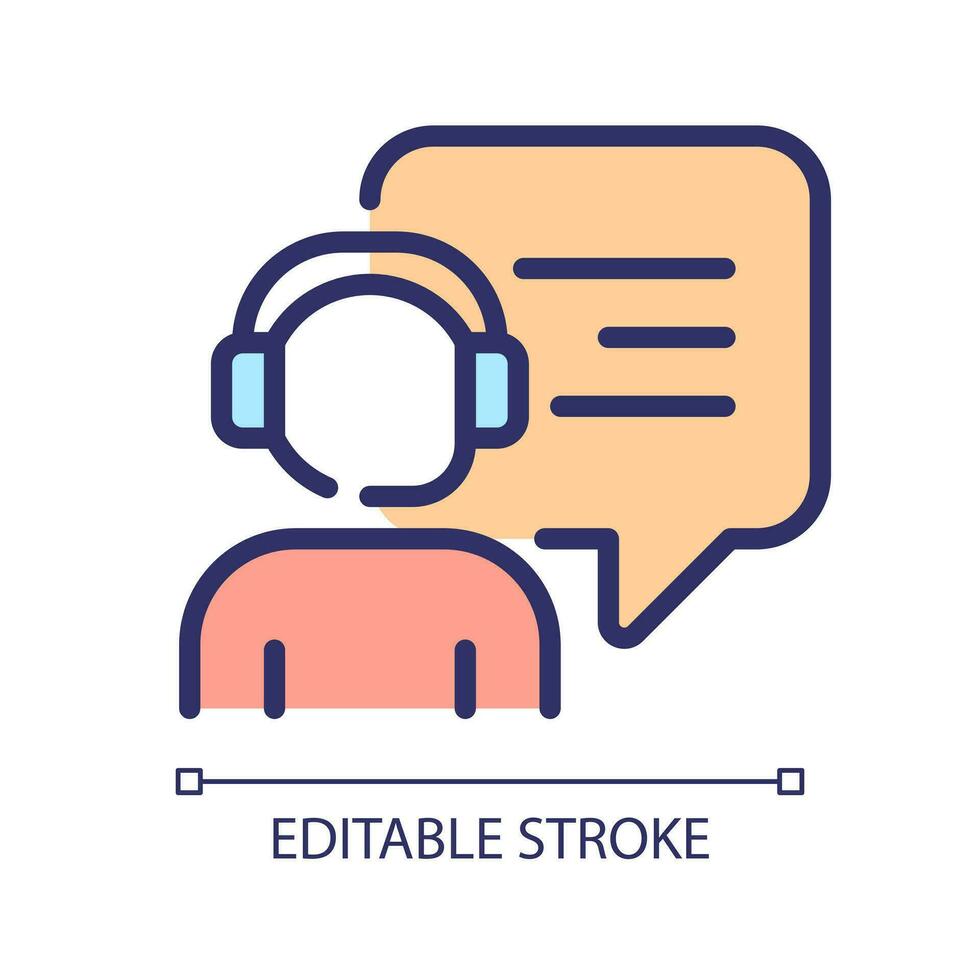 Interact with call centre operator pixel perfect RGB color icon. Person with headset and speech bubble. Support service. Isolated vector illustration. Simple filled line drawing. Editable stroke