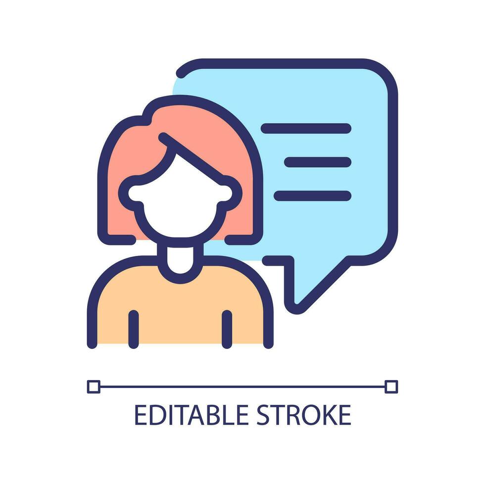 Talking woman with speech bubble pixel perfect RGB color icon. Female person thinking. Communication visual symbol. Isolated vector illustration. Simple filled line drawing. Editable stroke