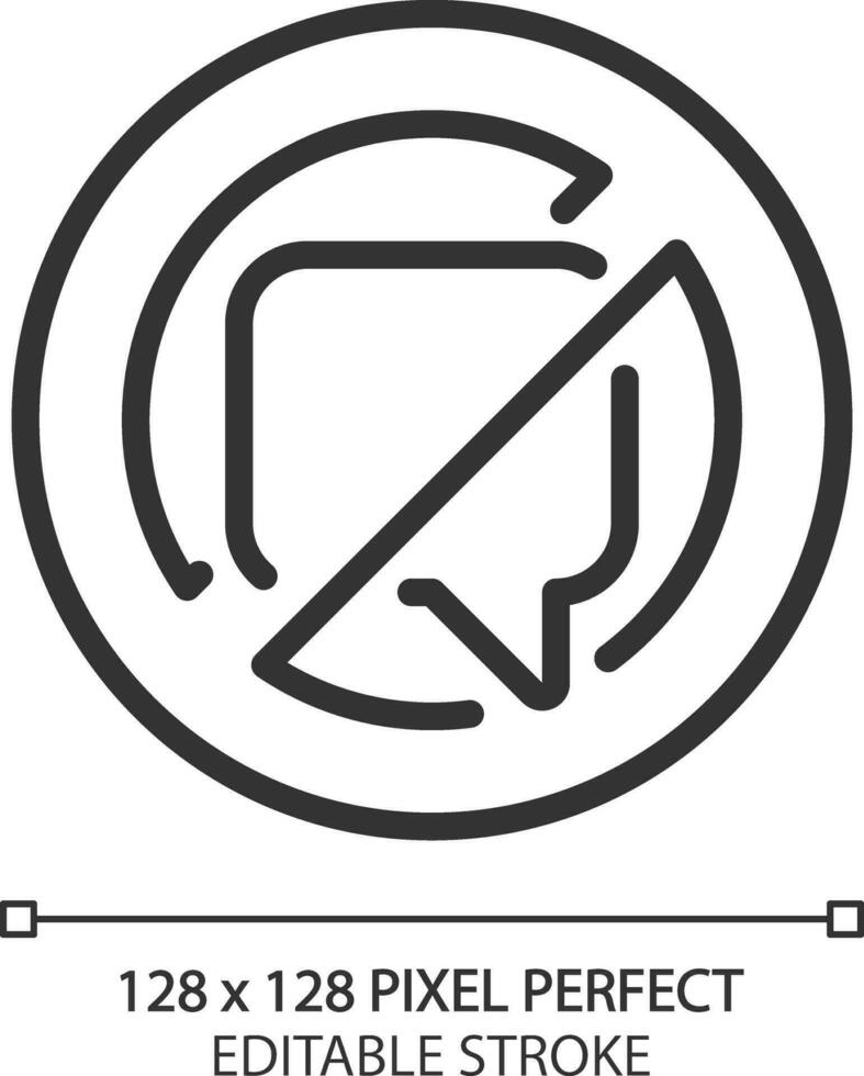 No talking sign pixel perfect linear icon. Crossed speech bubble. Restriction in communication. Banned message. Thin line illustration. Contour symbol. Vector outline drawing. Editable stroke