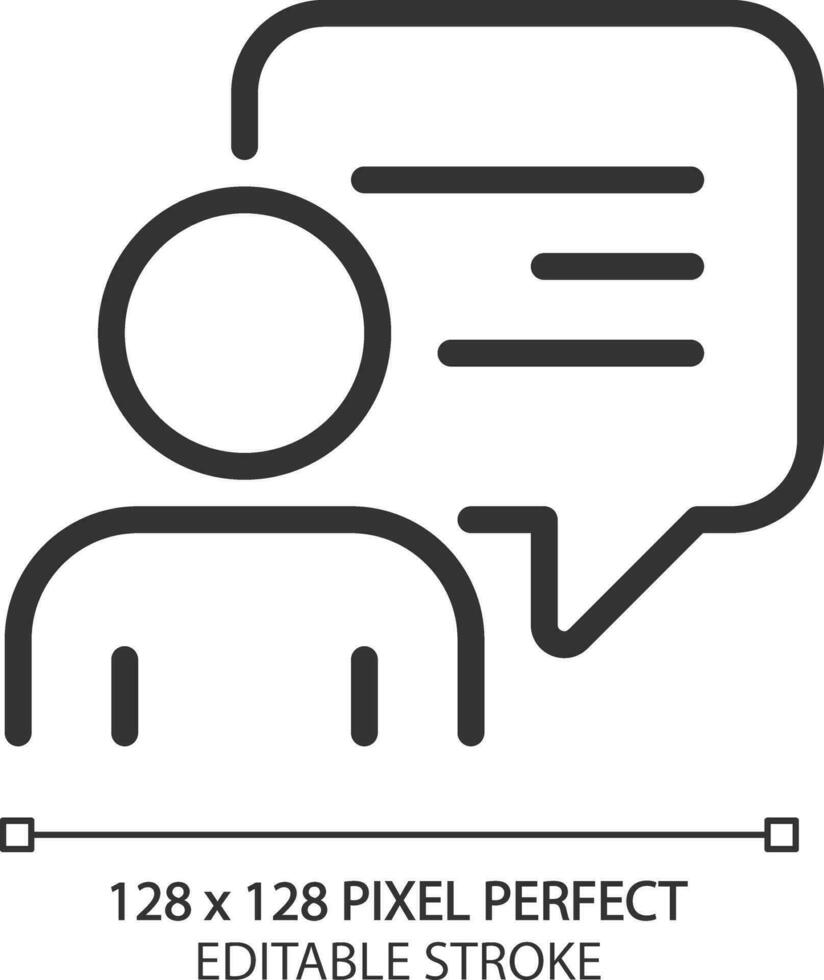 Speech balloon near talking person pixel perfect linear icon. Communication process visualisation. Character thoughts. Thin line illustration. Contour symbol. Vector outline drawing. Editable stroke