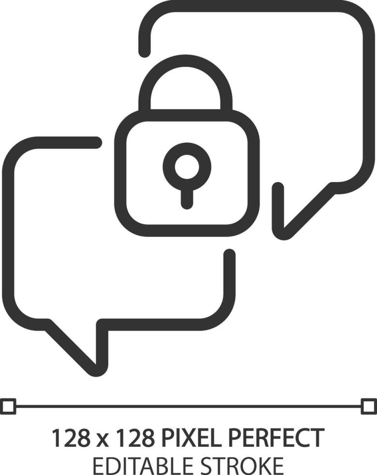 Confidential conversation pixel perfect linear icon. Chat balloons with padlock. Safe communication channel. Thin line illustration. Contour symbol. Vector outline drawing. Editable stroke