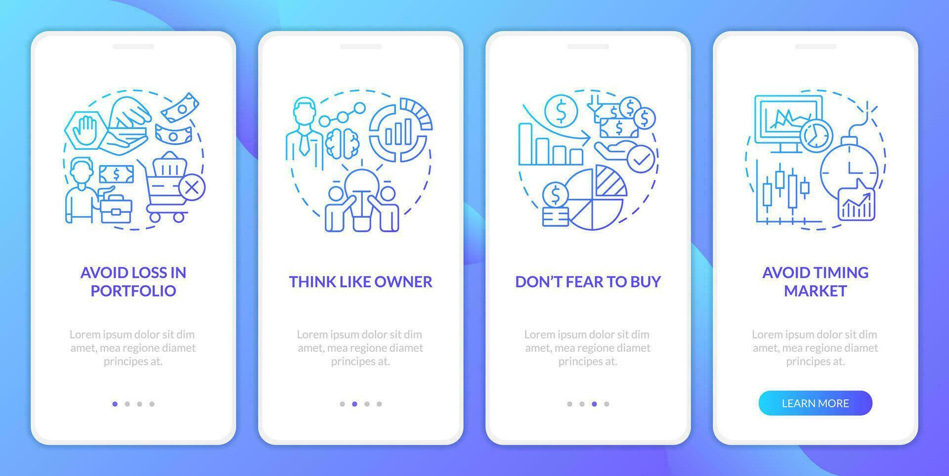 Successful investment rules blue gradient onboarding mobile app screen. Walkthrough 4 steps graphic instructions with linear concepts. UI, UX, GUI templated vector