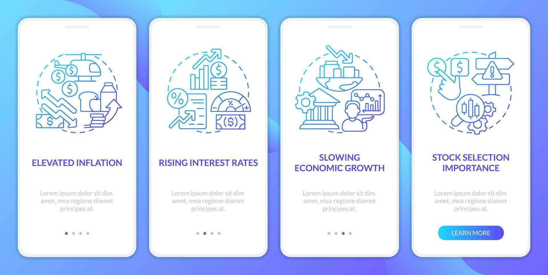 Stock market trends blue gradient onboarding mobile app screen. Tendencies walkthrough 4 steps graphic instructions with linear concepts. UI, UX, GUI templated vector
