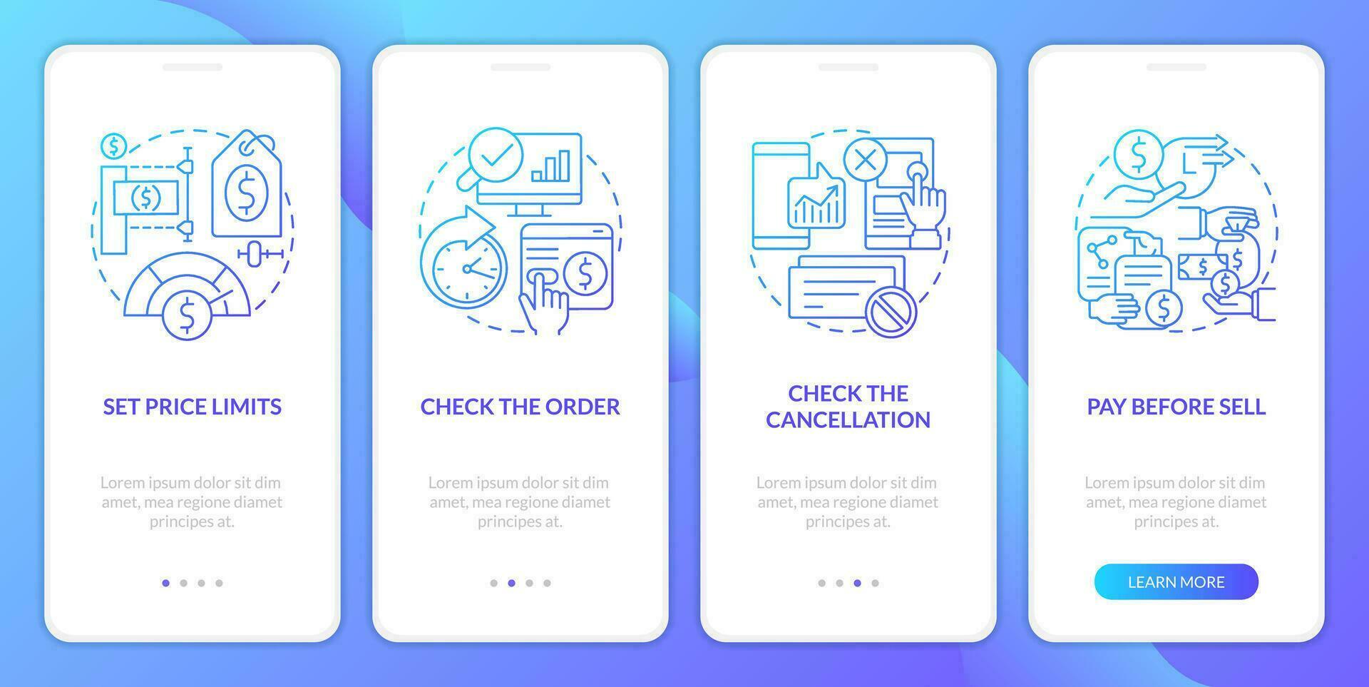 Online investing blue gradient onboarding mobile app screen. Digital trading walkthrough 4 steps graphic instructions with linear concepts. UI, UX, GUI templated vector