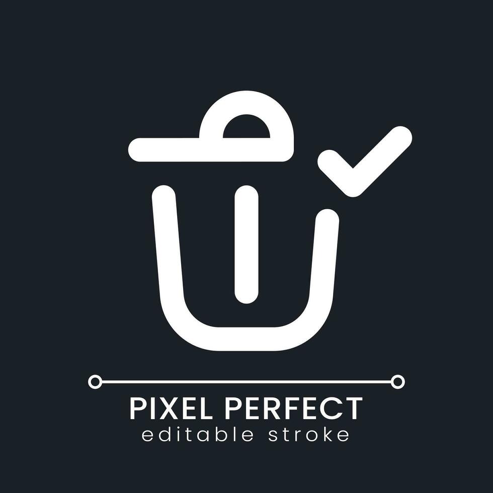 Successfully deleted pixel perfect white linear ui icon for dark theme. Removing confirm. Bin with check mark. Vector line pictogram. Isolated user interface symbol for night mode. Editable stroke