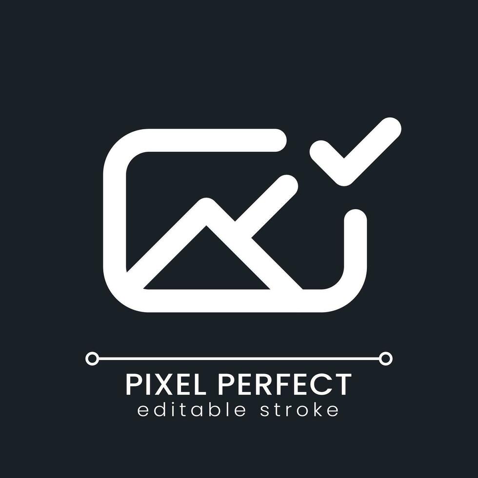 Applied photo file pixel perfect white linear ui icon for dark theme. Editing application. Approved image. Vector line pictogram. Isolated user interface symbol for night mode. Editable stroke