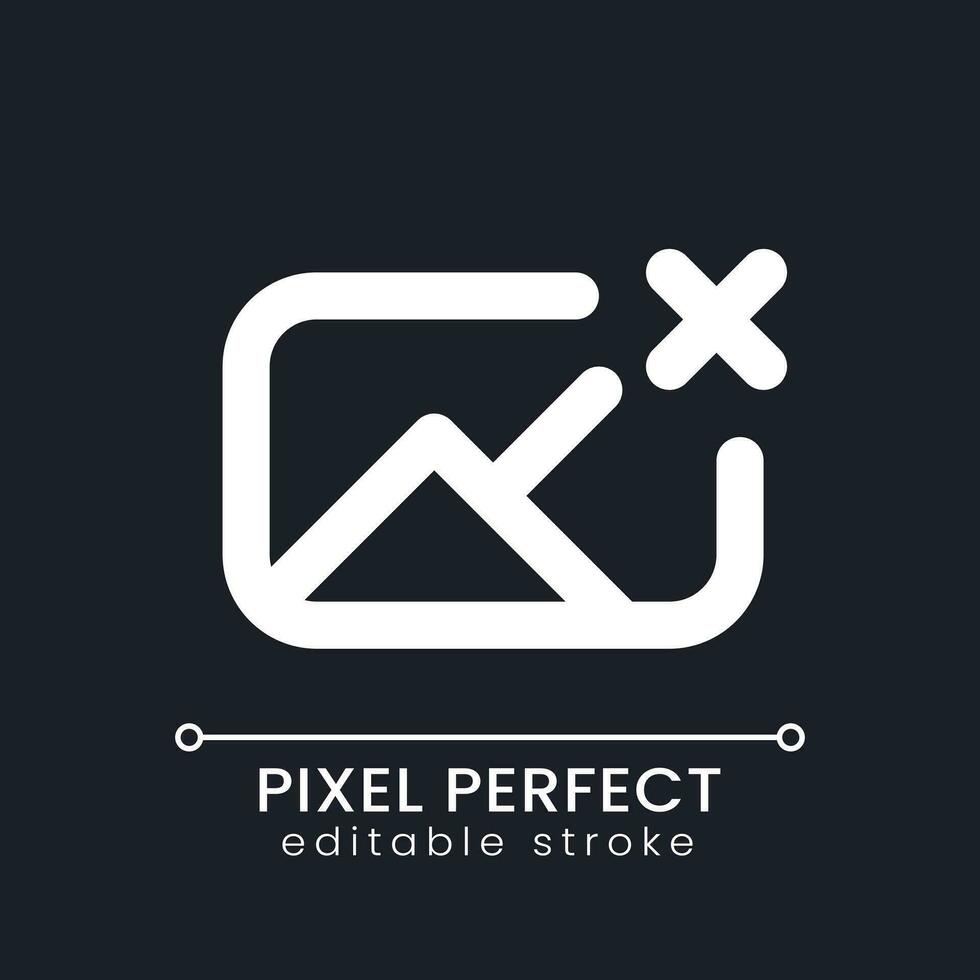 Remove photo file pixel perfect white linear ui icon for dark theme. Deleting picture. Image and cross mark. Vector line pictogram. Isolated user interface symbol for night mode. Editable stroke