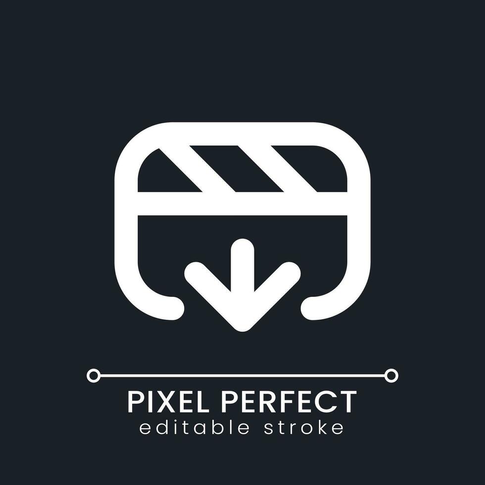 Import video file pixel perfect white linear ui icon for dark theme. Footage editing software. Media player. Vector line pictogram. Isolated user interface symbol for night mode. Editable stroke