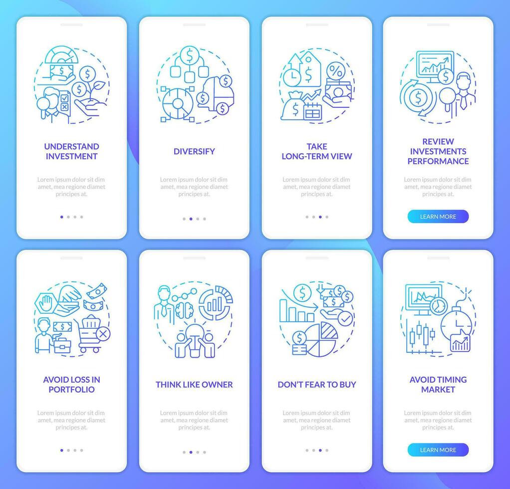 Rules of investing blue gradient onboarding mobile app screens set. Finance walkthrough 4 steps graphic instructions with linear concepts. UI, UX, GUI templated vector