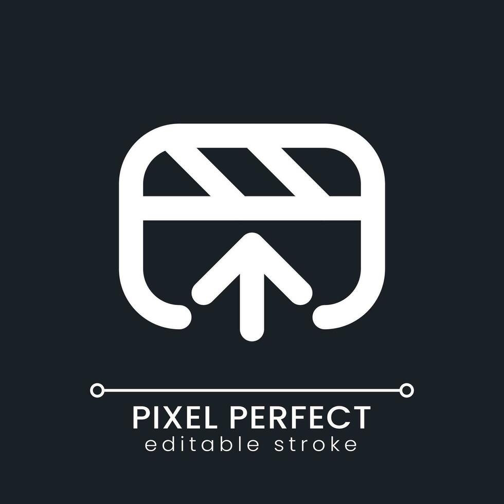 Export video file pixel perfect white linear ui icon for dark theme. Save footage to storage. Software tool. Vector line pictogram. Isolated user interface symbol for night mode. Editable stroke