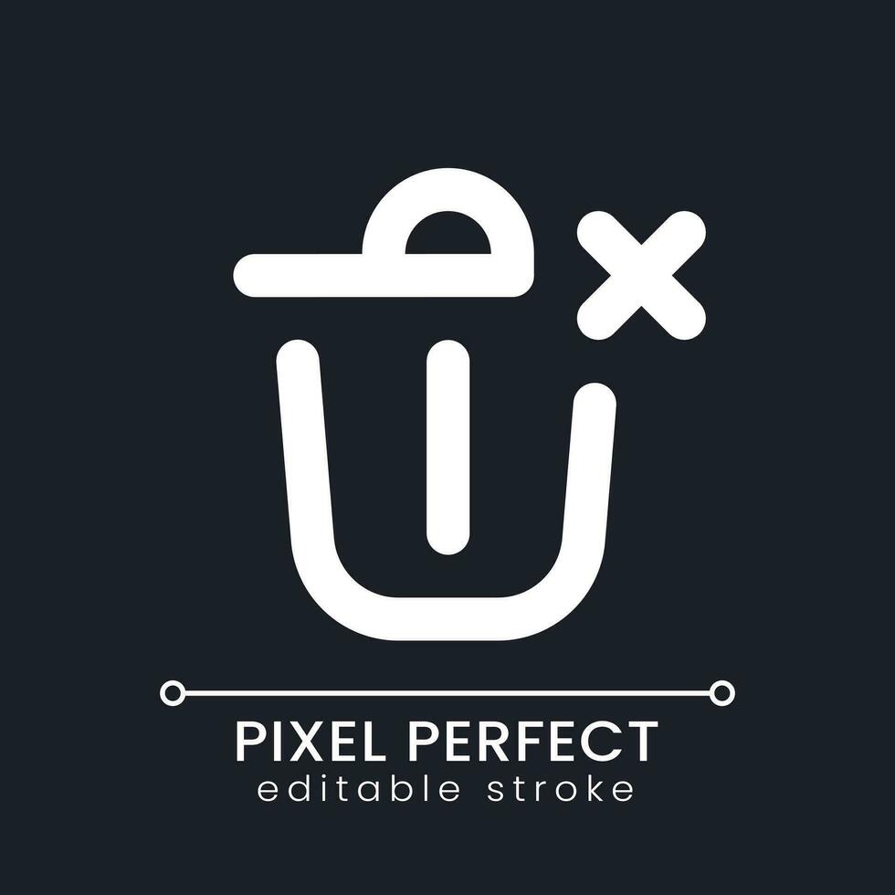 Canceled removal pixel perfect white linear ui icon for dark theme. Trash basket with cross. Deleting information. Vector line pictogram. Isolated user interface symbol for night mode. Editable stroke