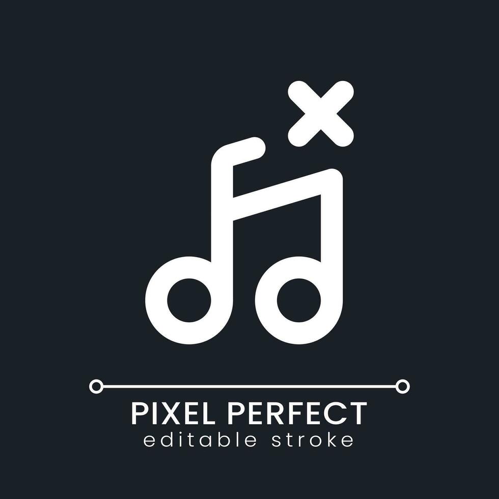 Remove audio track pixel perfect white linear ui icon for dark theme. Delete song from footage. Create video. Vector line pictogram. Isolated user interface symbol for night mode. Editable stroke