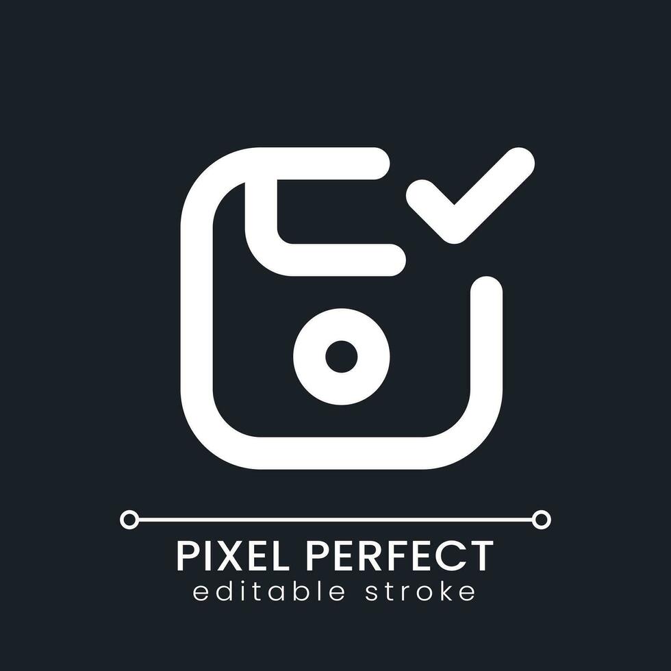 Apply saving pixel perfect white linear ui icon for dark theme. Successful data record. Work backed up. Vector line pictogram. Isolated user interface symbol for night mode. Editable stroke