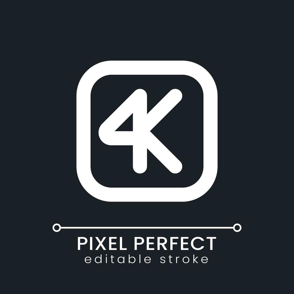 4K resolution pixel perfect white linear ui icon for dark theme. High quality. Video format. Editing software. Vector line pictogram. Isolated user interface symbol for night mode. Editable stroke