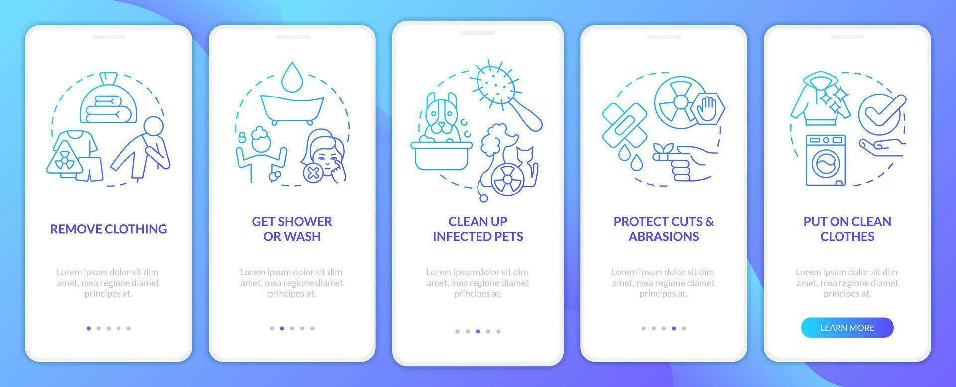 Decontaminate after radiation emergency blue gradient mobile app screen. Walkthrough 5 steps graphic instructions with linear concepts. UI, UX, GUI templated vector