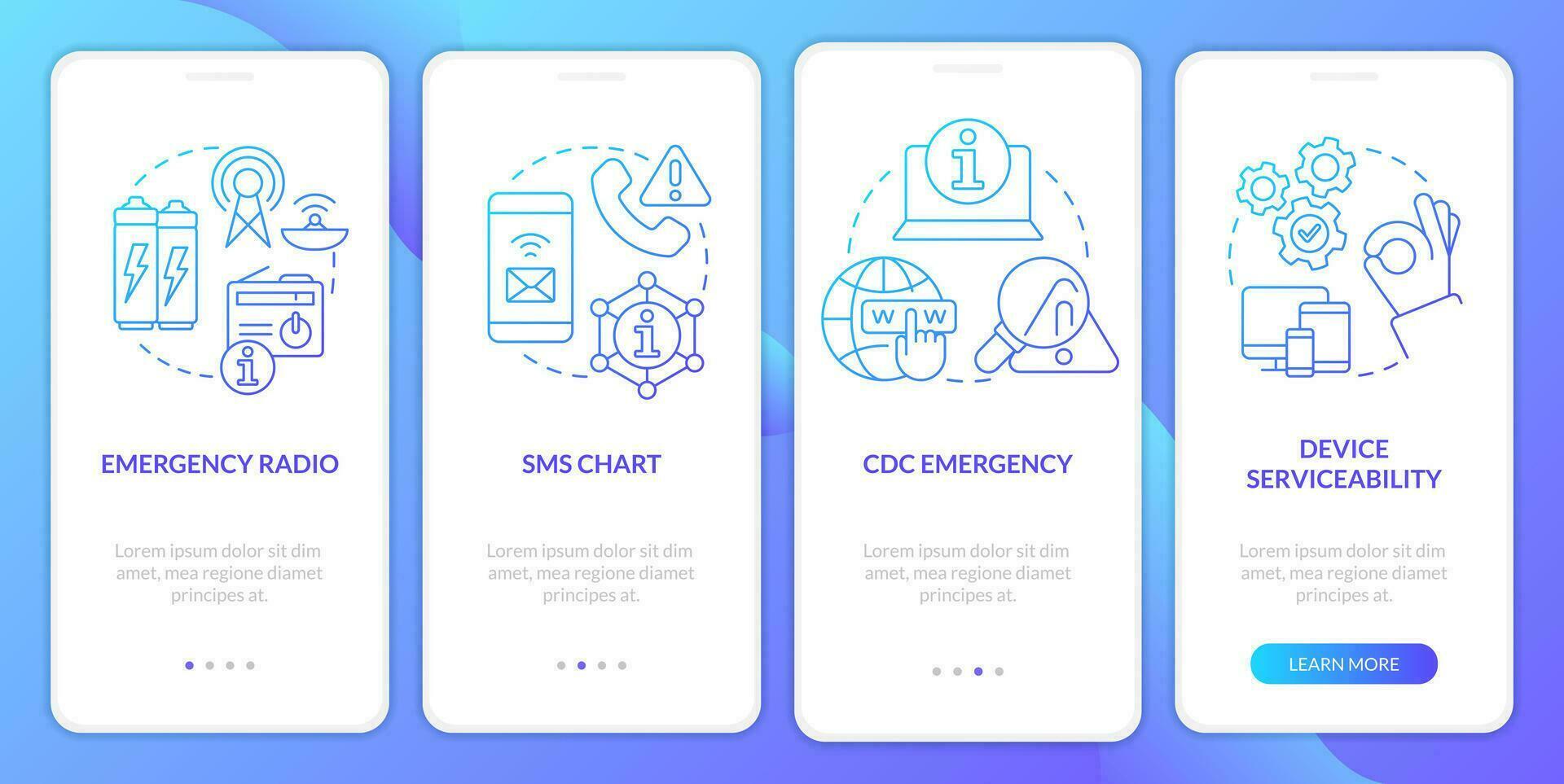 Ways to stay tuned blue gradient mobile app screen. Nuclear disaster walkthrough 5 steps graphic instructions with linear concepts. UI, UX, GUI templated vector