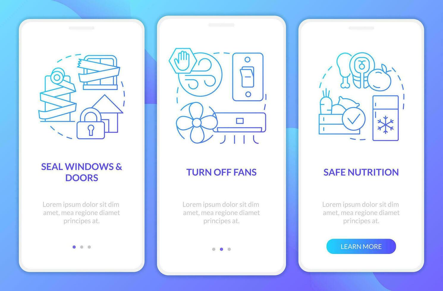 Actions at home during nuclear disaster blue gradient mobile app screen. Walkthrough 3 steps graphic instructions with linear concepts. UI, UX, GUI templated vector