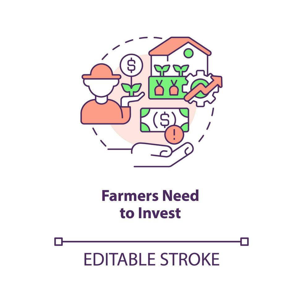 Farmers need to invest concept icon. Agro business growth strategy. Farm investment abstract idea thin line illustration. Isolated outline drawing. Editable stroke vector
