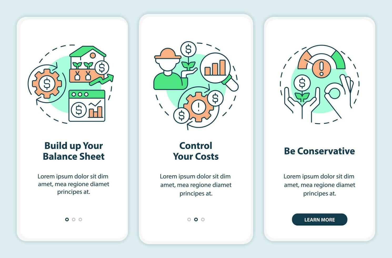 Interest rates on farm onboarding mobile app screen. Agro business walkthrough 3 steps editable graphic instructions with linear concepts. UI, UX, GUI templated vector