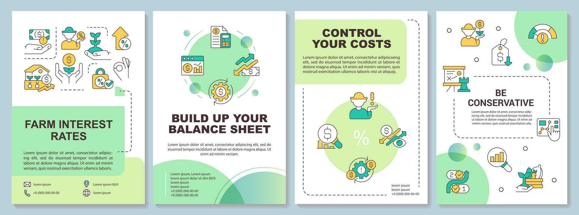 Farm business strategy green brochure template. Agribusiness. Leaflet design with linear icons. Editable 4 vector layouts for presentation, annual reports