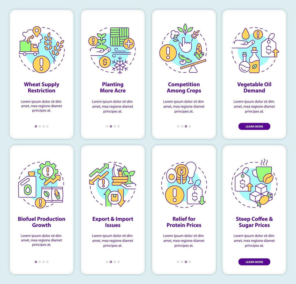 Farming issues onboarding mobile app screen set. Agro challenges walkthrough 4 steps editable graphic instructions with linear concepts. UI, UX, GUI templated vector