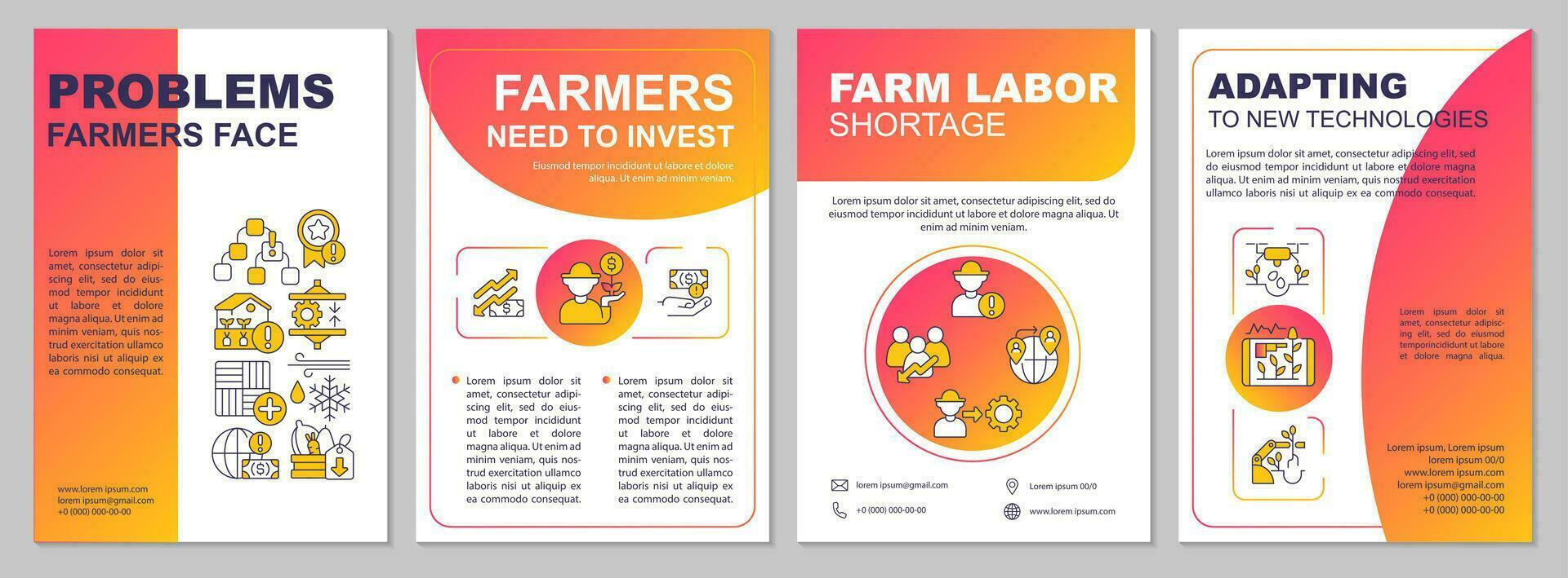 Challenges farmers face red gradient brochure template. Agriculturing issues. Leaflet design with linear icons. 4 vector layouts for presentation, annual reports