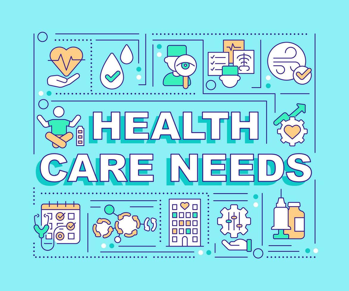 Health care needs word concepts turquoise banner. Medical industry. Infographics with editable icons on color background. Isolated typography. Vector illustration with text