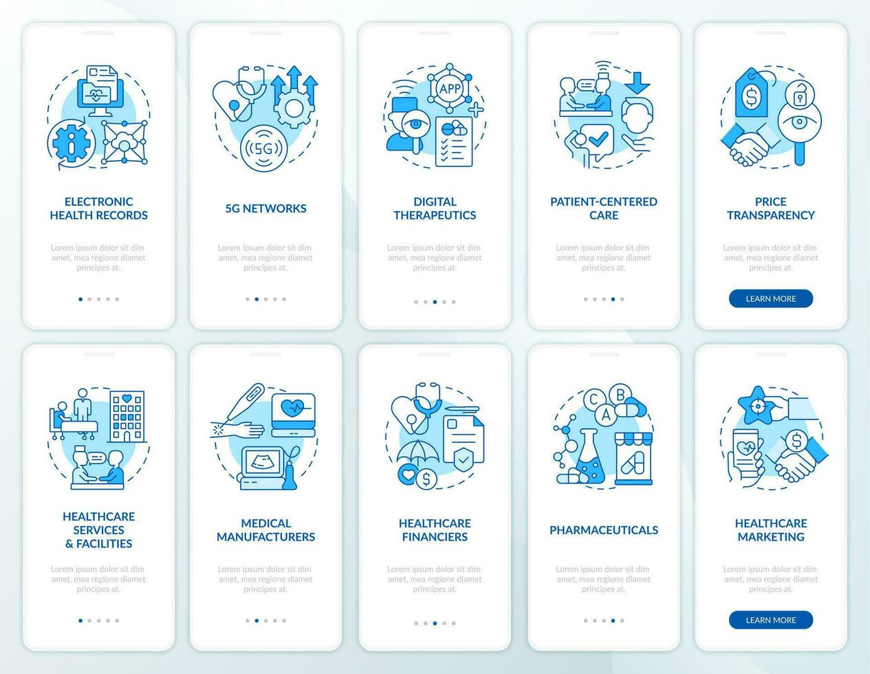 Healthcare industry trends blue onboarding mobile app screen set. Walkthrough 5 steps editable graphic instructions with linear concepts. UI, UX, GUI templated vector