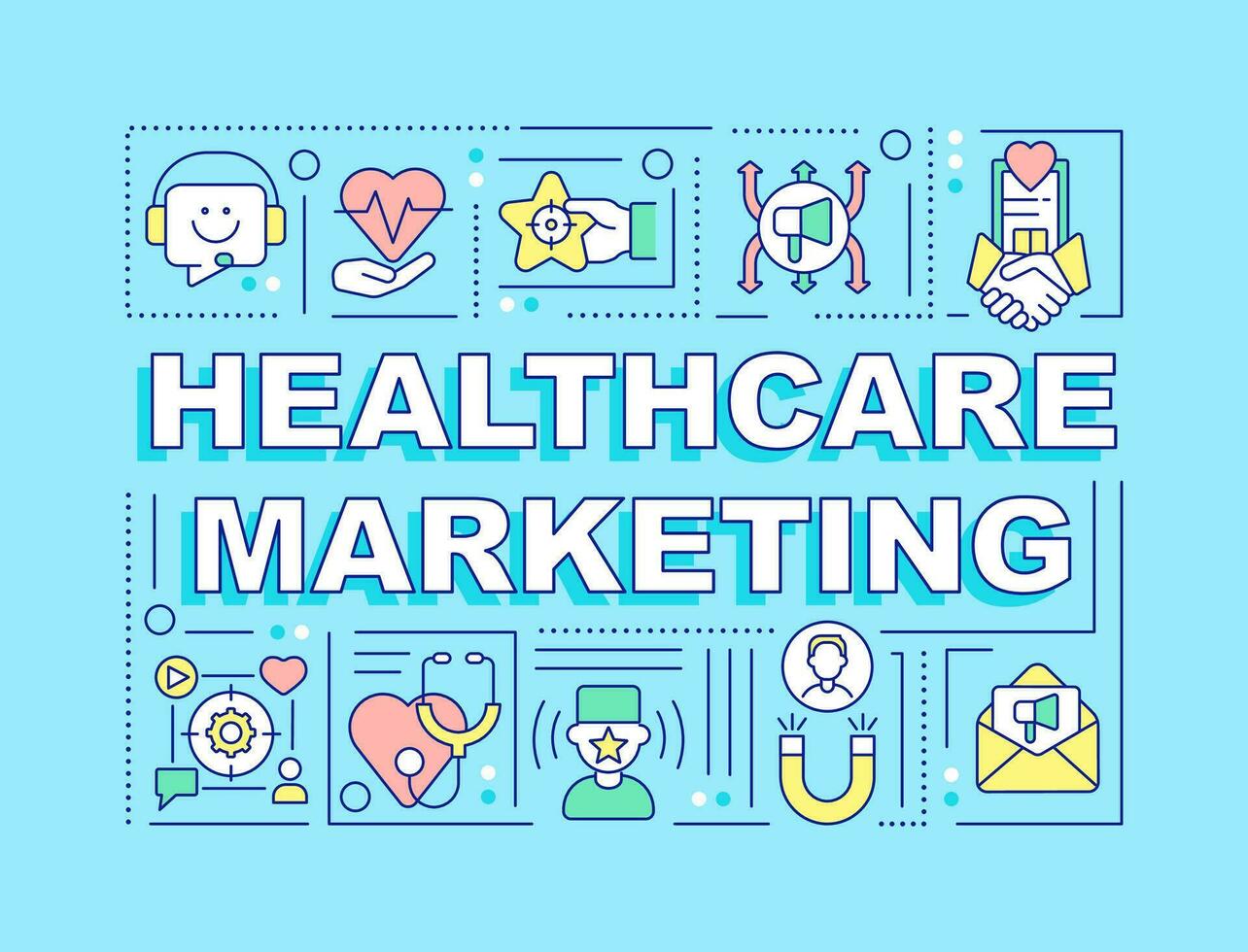 Healthcare marketing word concepts turquoise banner. Medical management. Infographics with editable icons on color background. Isolated typography. Vector illustration with text