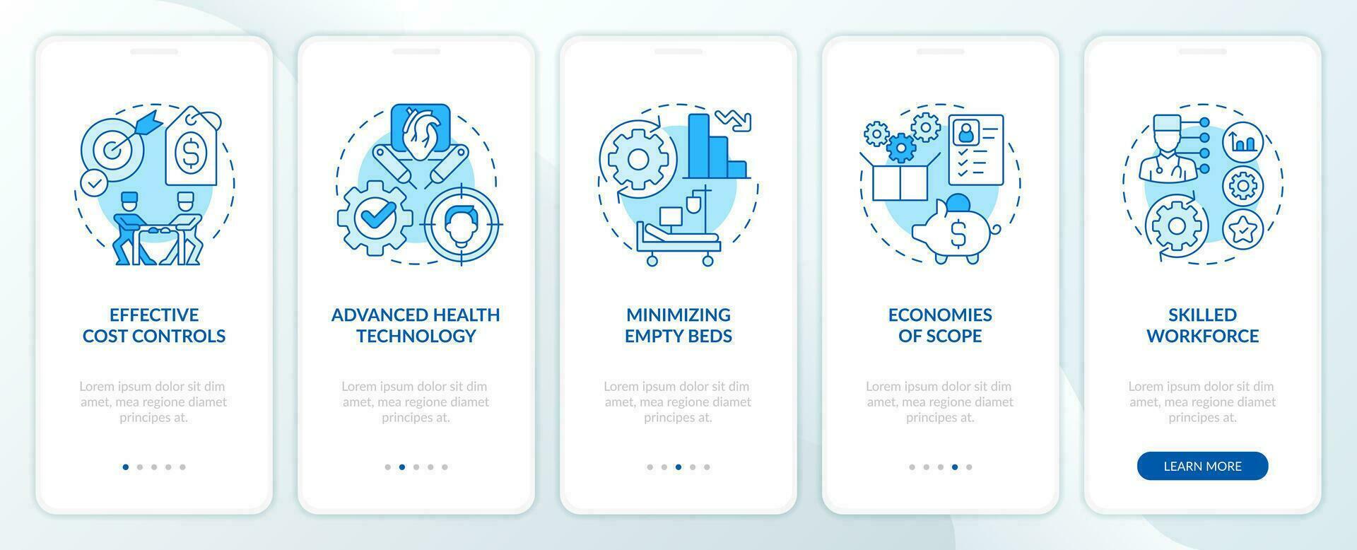 Health care competition blue onboarding mobile app screen. Walkthrough 5 steps editable graphic instructions with linear concepts. UI, UX, GUI templated vector