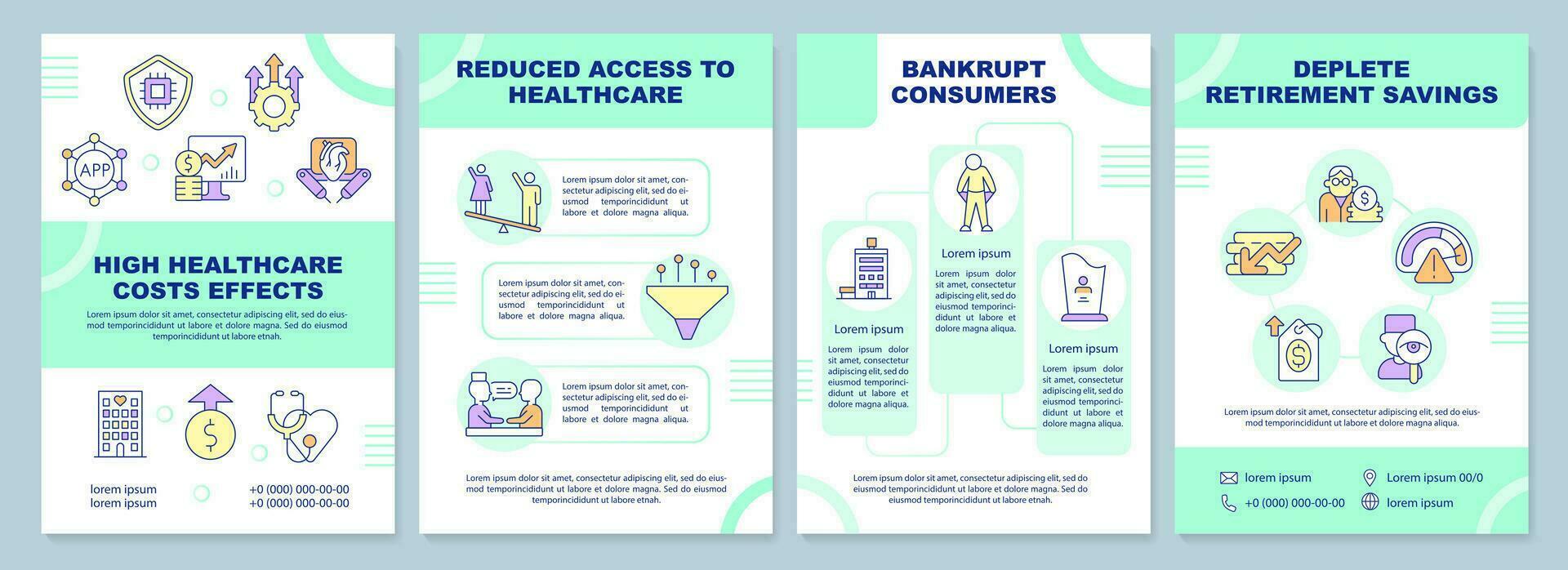 High healthcare cost effects blue brochure template. Leaflet design with linear icons. Editable 4 vector layouts for presentation, annual reports